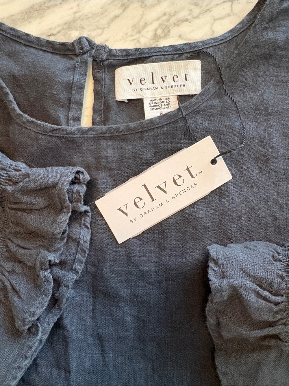 Velvet by Graham & Spencer Midnight Blue Ruffle-Sleeve Linen Top S-M